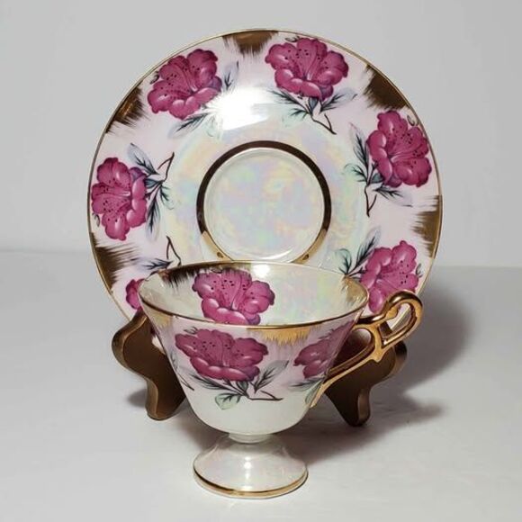 Pink Flowers Teacup and Saucer Opalescent Vintage - Picture 5 of 8
